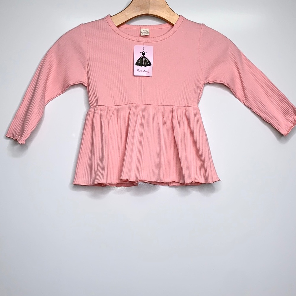 NWT SHISHIFANG Pink Ribbed Long Sleeve Ruffle Top